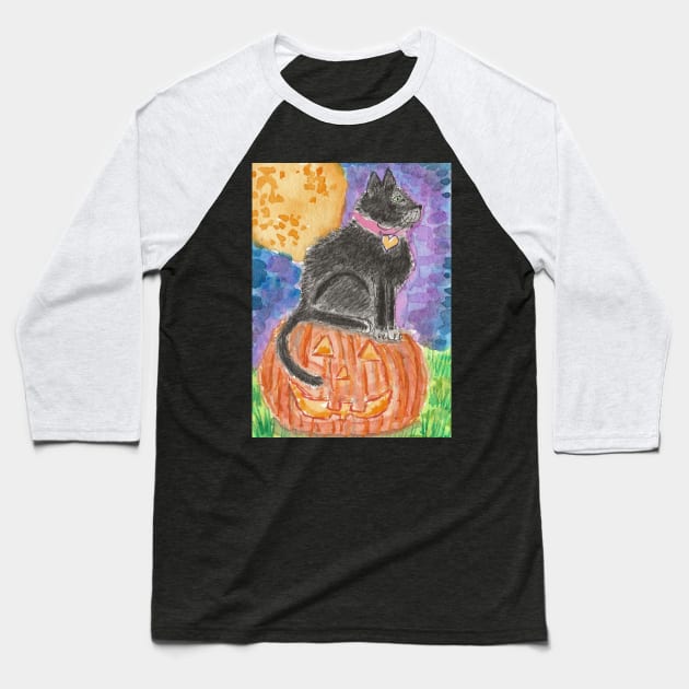 Black cat Halloween pumpkin art Baseball T-Shirt by SamsArtworks